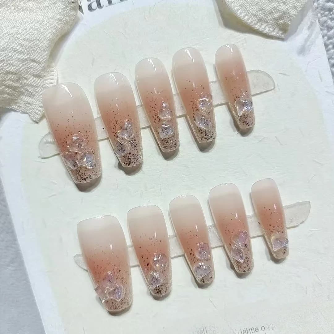 Unhas Postiças com Strass de Coração, Formato Curto e Médio Coffin