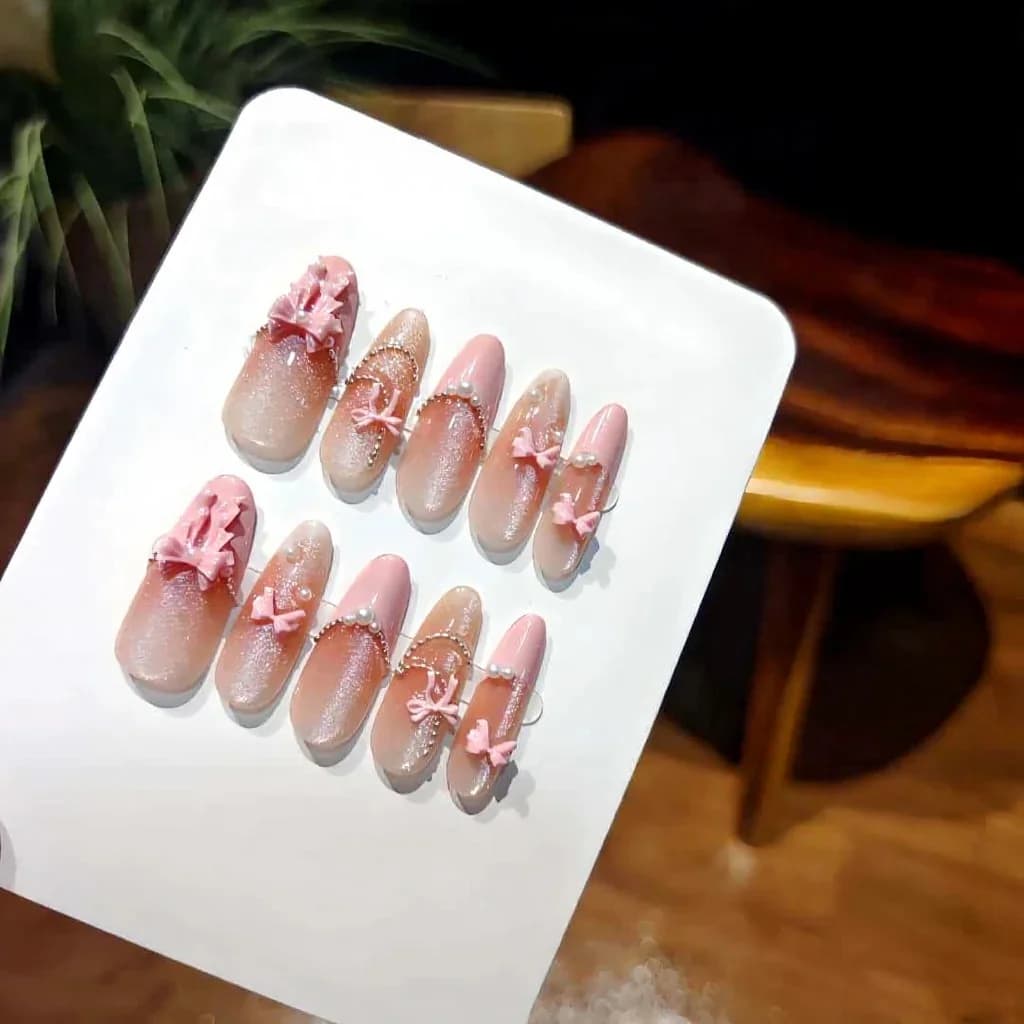 Unhas Postiças Longas Stiletto Laço de Renda Rosa Olho de Gato