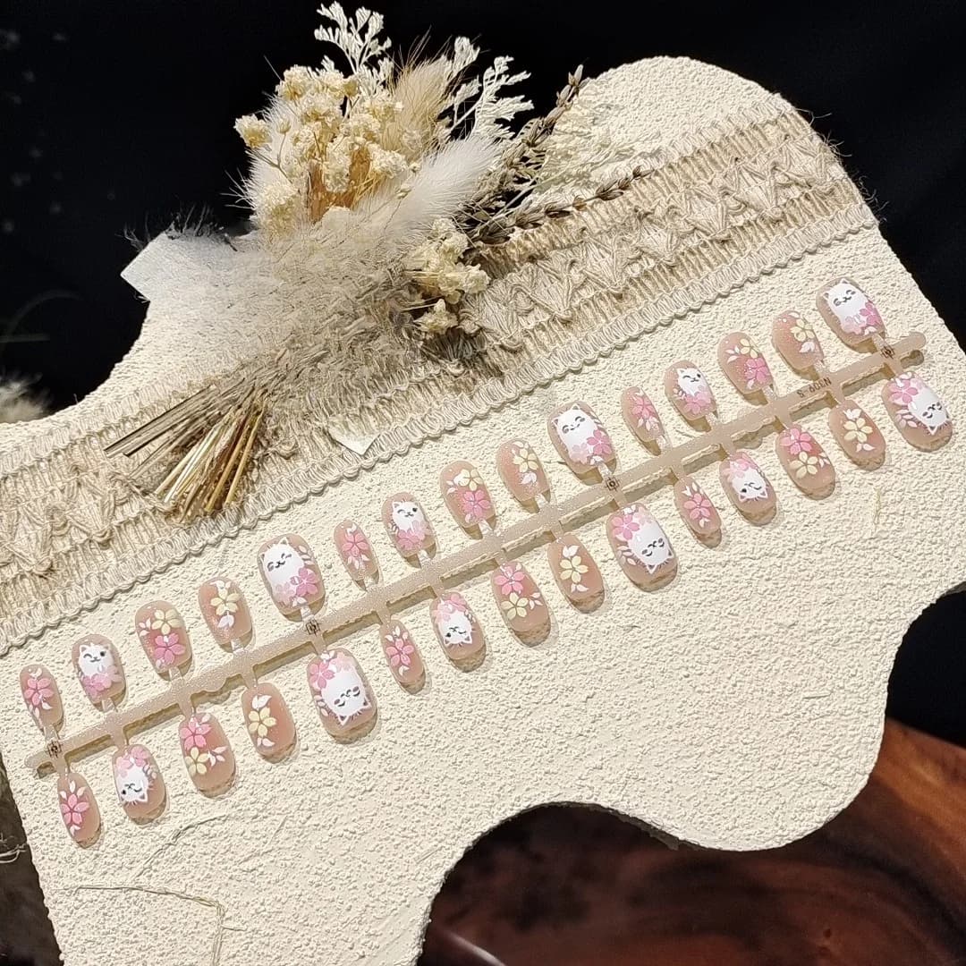 Unhas Postiças Rosa Olho de Gato, Formato Bailarina Curto com Design Floral