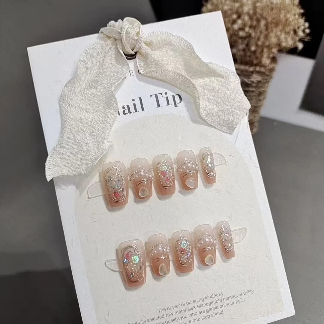 Unhas Postiças Formato Caixão Curto, Design Aurora Shell com Pérolas, 10 Unidades