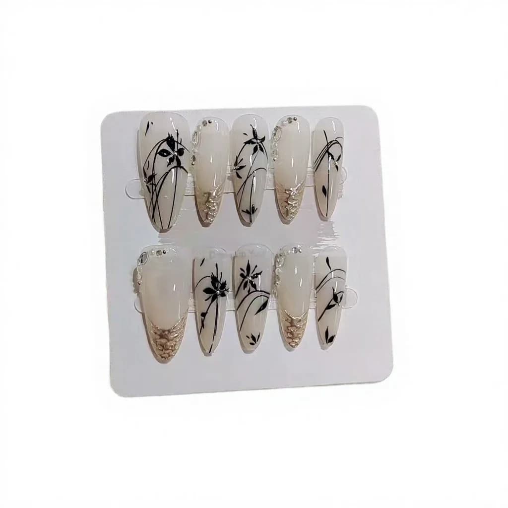 Unhas Postiças Longas Amêndoa Cromo Bambu, 10 Peças