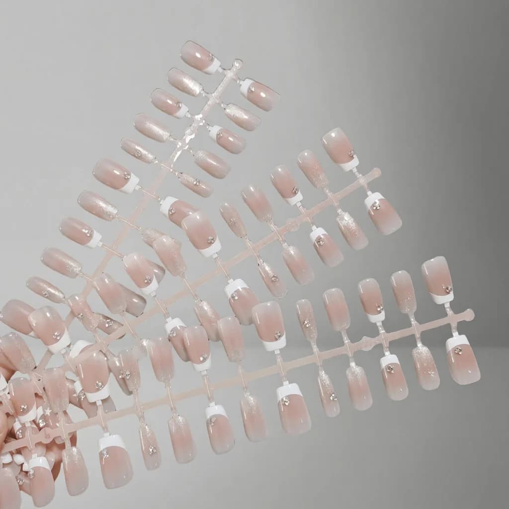 Unhas Postiças French com Strass e Laço, Formato Quadrado Curto