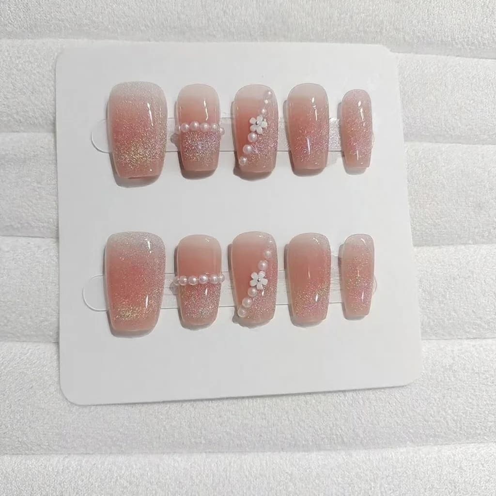 Unhas Postiças Curtas Trapézio com Círculos Arco-Íris e Pérolas, 10 Peças