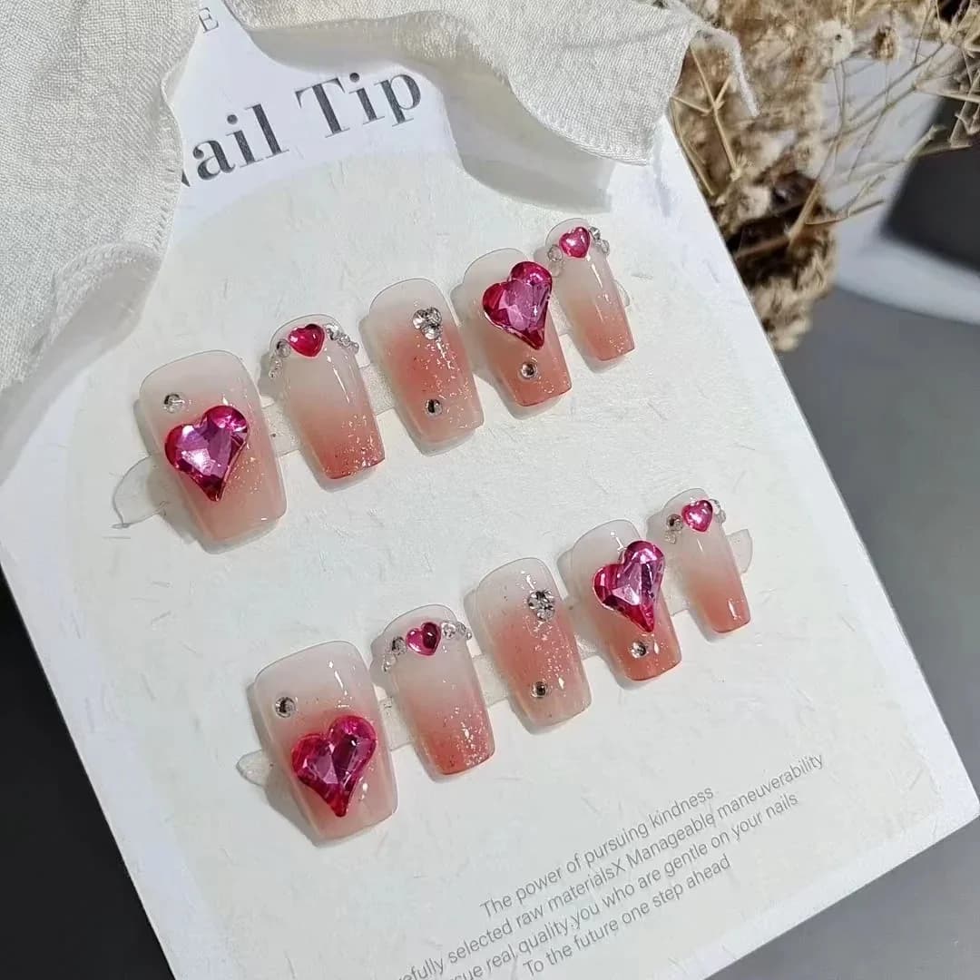 Unhas Postiças Rosa com Strass em Forma de Coração, 30 Peças