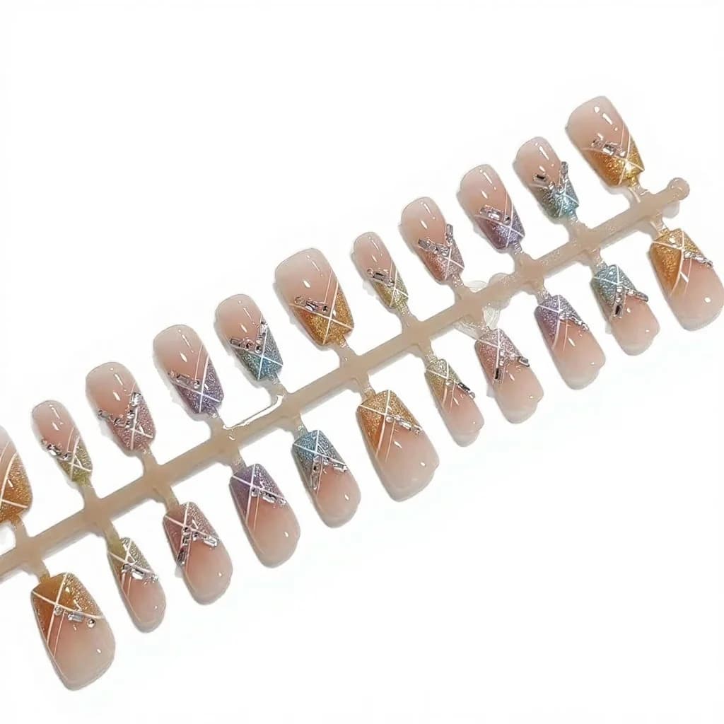 Unhas Postiças Festa Candy Curtas Quadradas Arco-Íris Olho de Gato com Strass