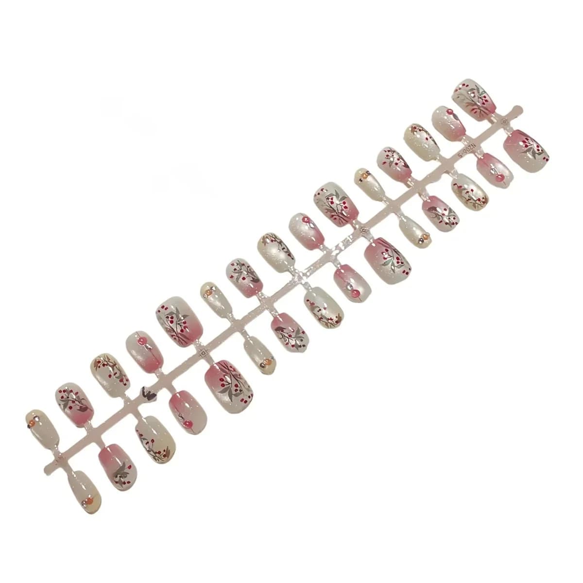 Unhas Postiças Olho de Gato Feijão Vermelho com Strass e Estampa Floral