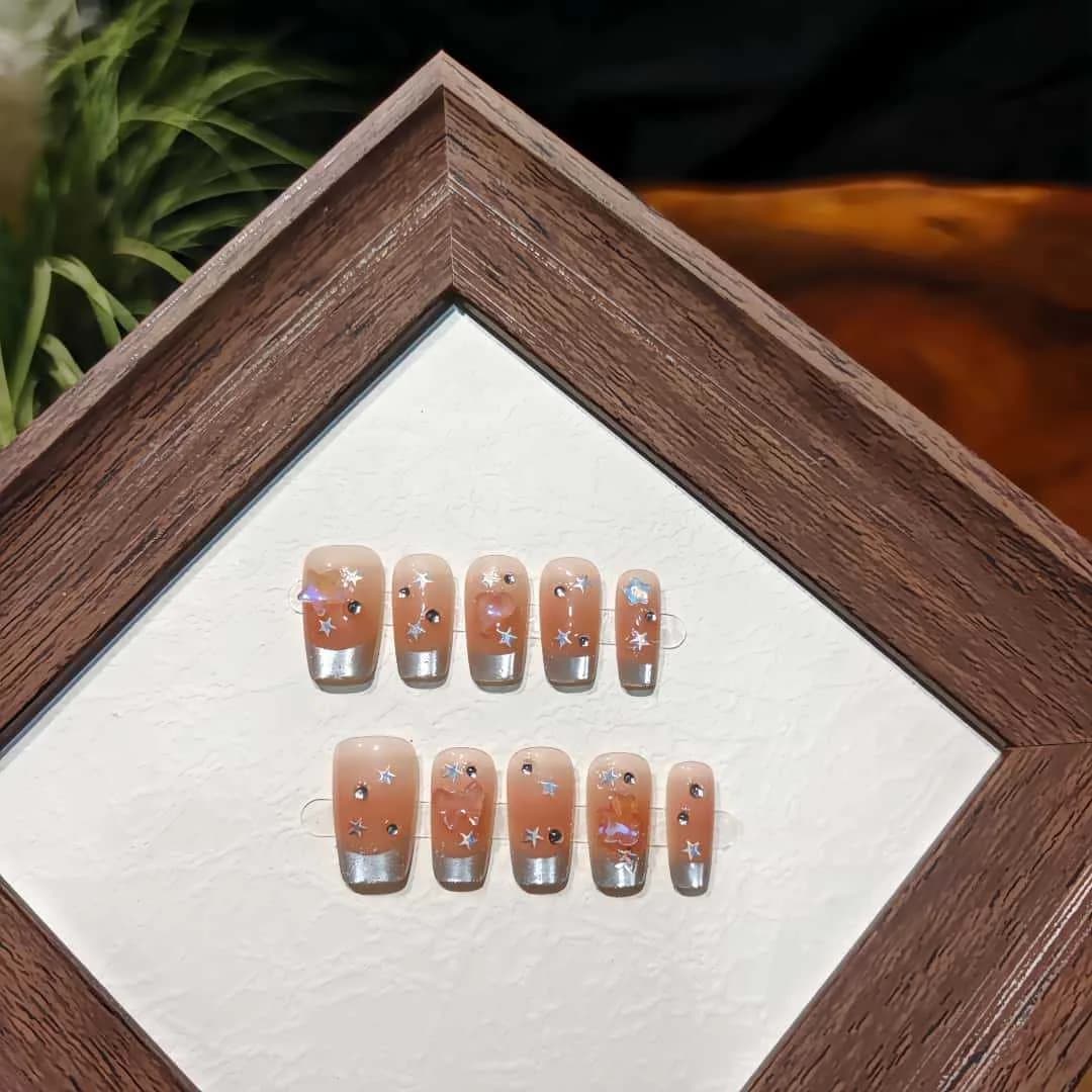 Unhas Postiças Olho de Gato Chuva de Estrelas com Glitter e Ponta Francesa