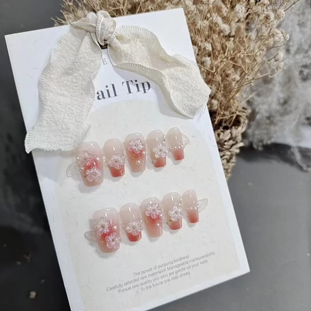 Unhas Postiças Florais Formato Curto Caixão Design Fofo Blush 10 Peças