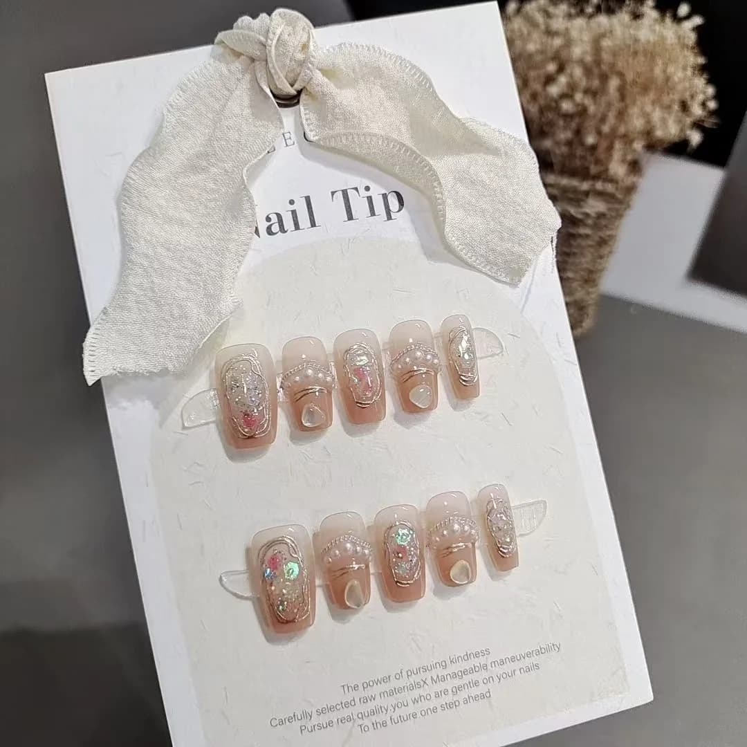 Unhas Postiças Coffin Curto Design Aurora Shell com Pérola, 10 Peças