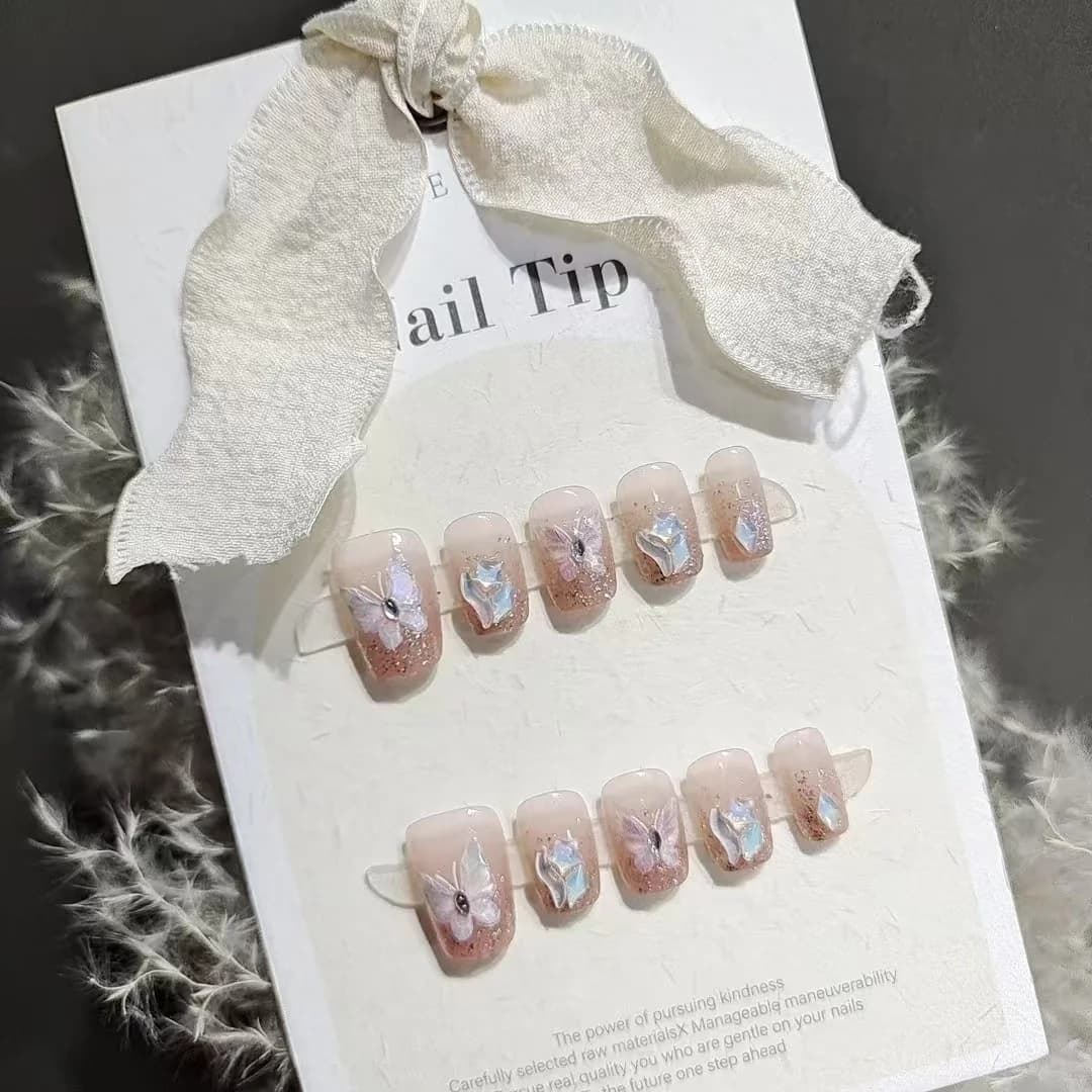 Unhas Postiças Curvas Coffin com Strass e Borboleta, 10 Peças