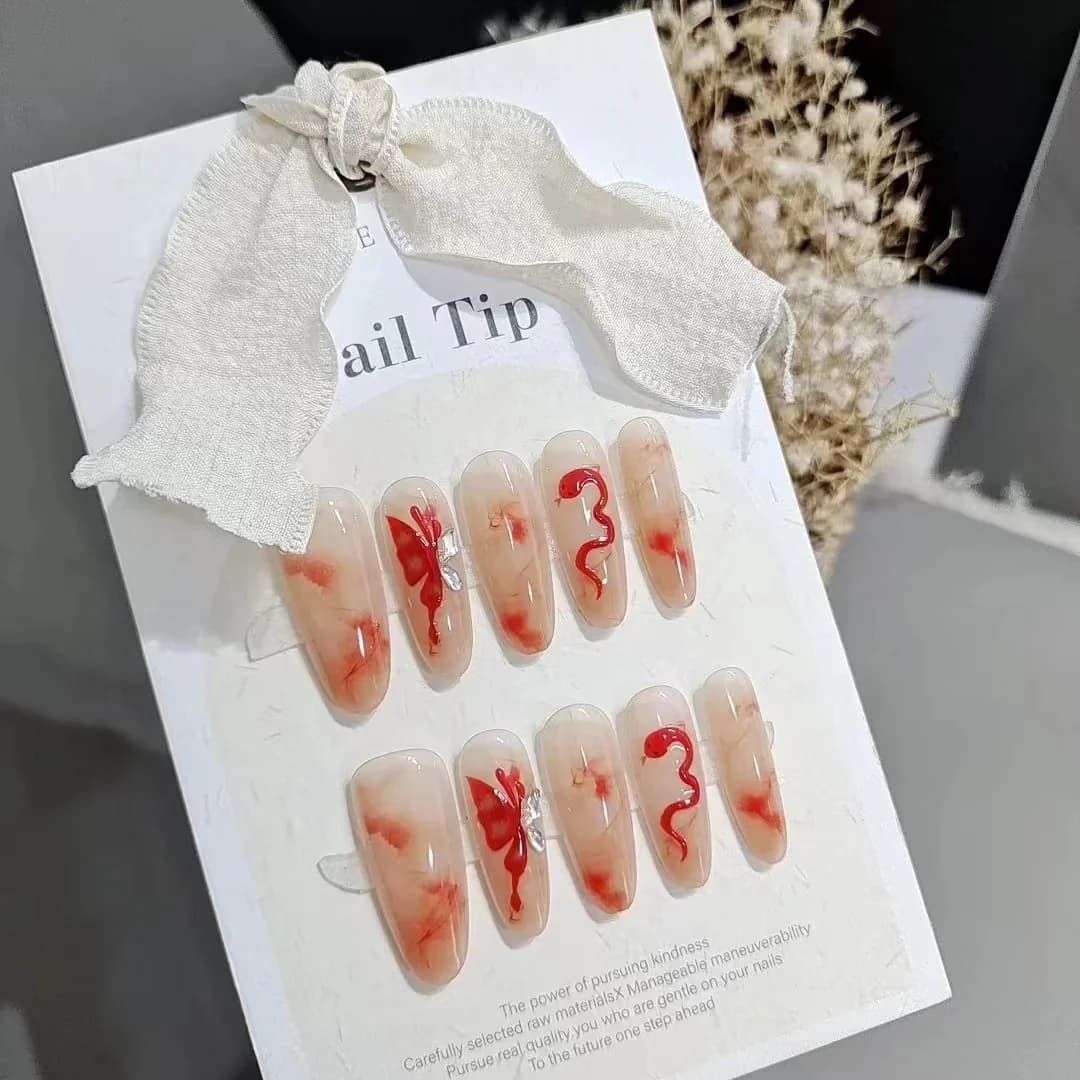 Unhas Postiças Artesanais Design de Borboleta e Cobra Formato Amêndoa Longo