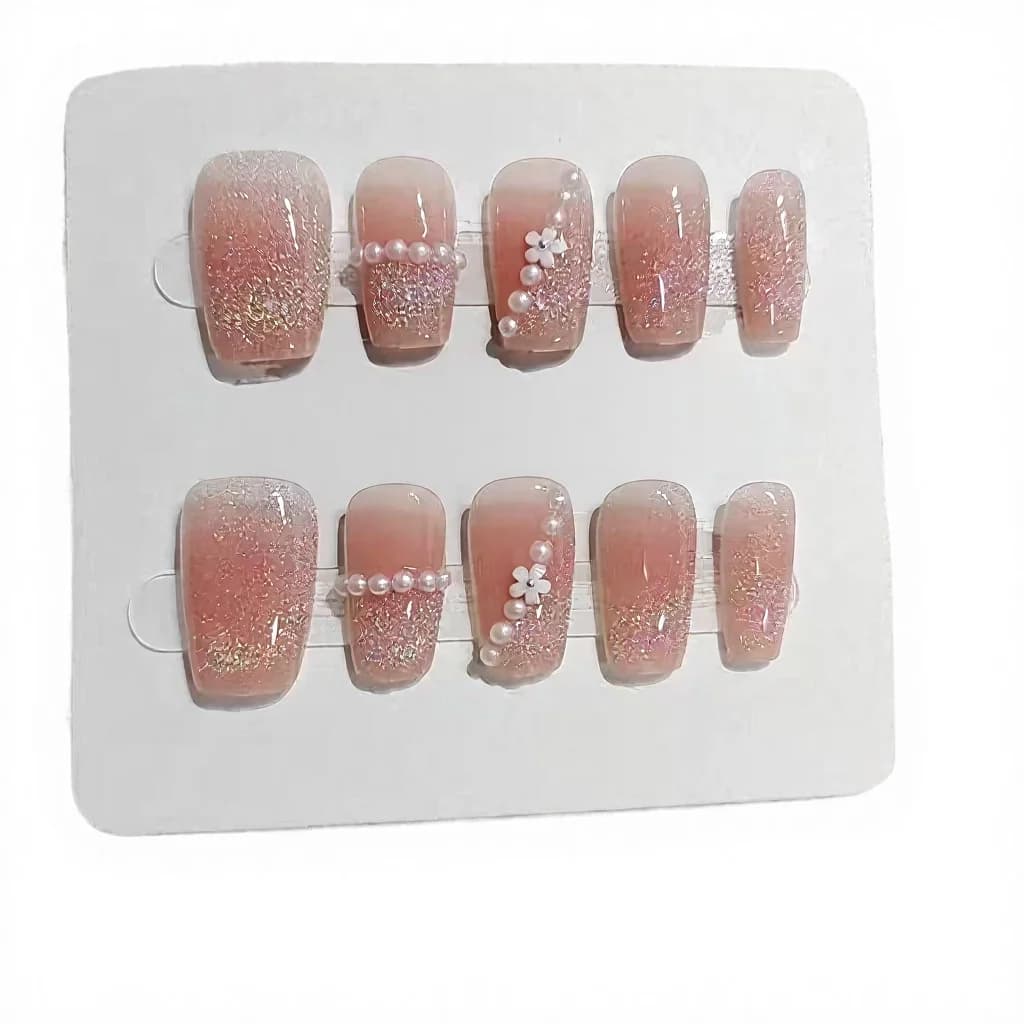Unhas Postiças Curtas Trapézio com Círculos Arco-Íris e Pérolas, 10 Peças