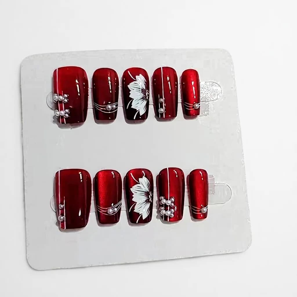Unhas Postiças Vermelhas Florais com Glitter, Formato Caixão Médio, 10 Peças