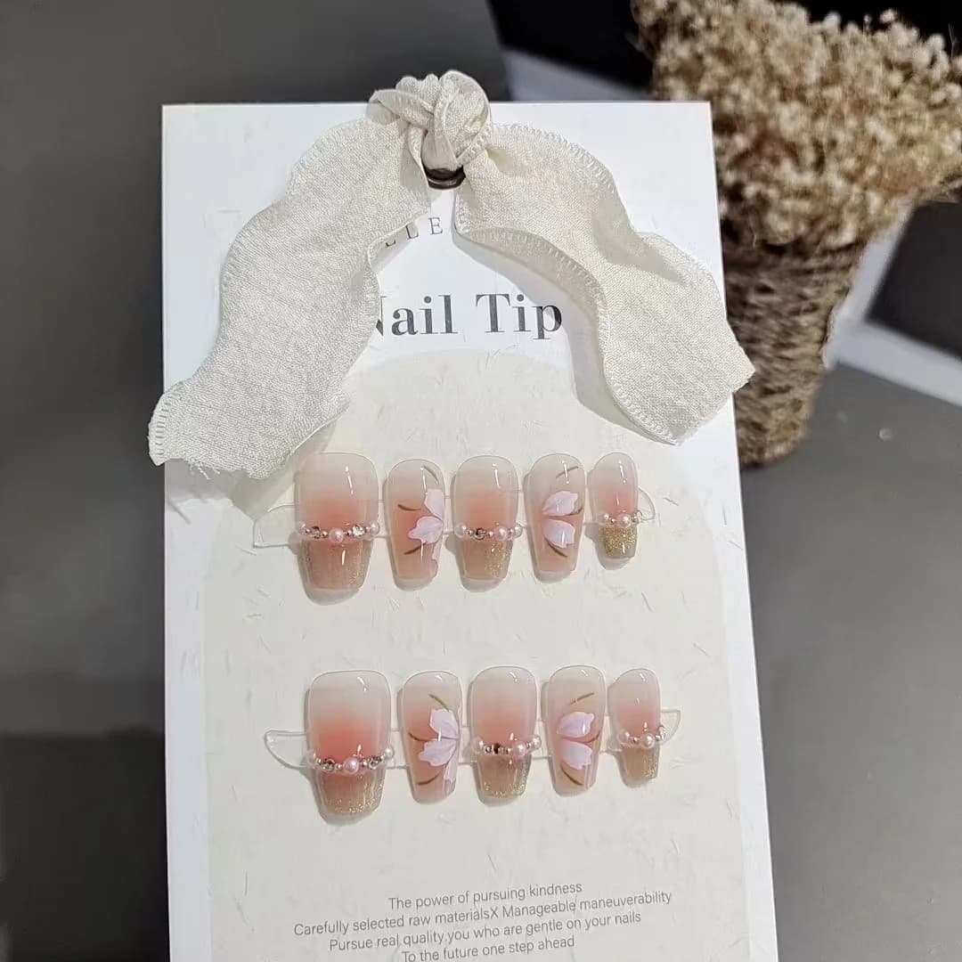 Unhas Postiças Cat Eye Verde, Formato Quadrado Curto, Ponta Francesa com Estampa Floral