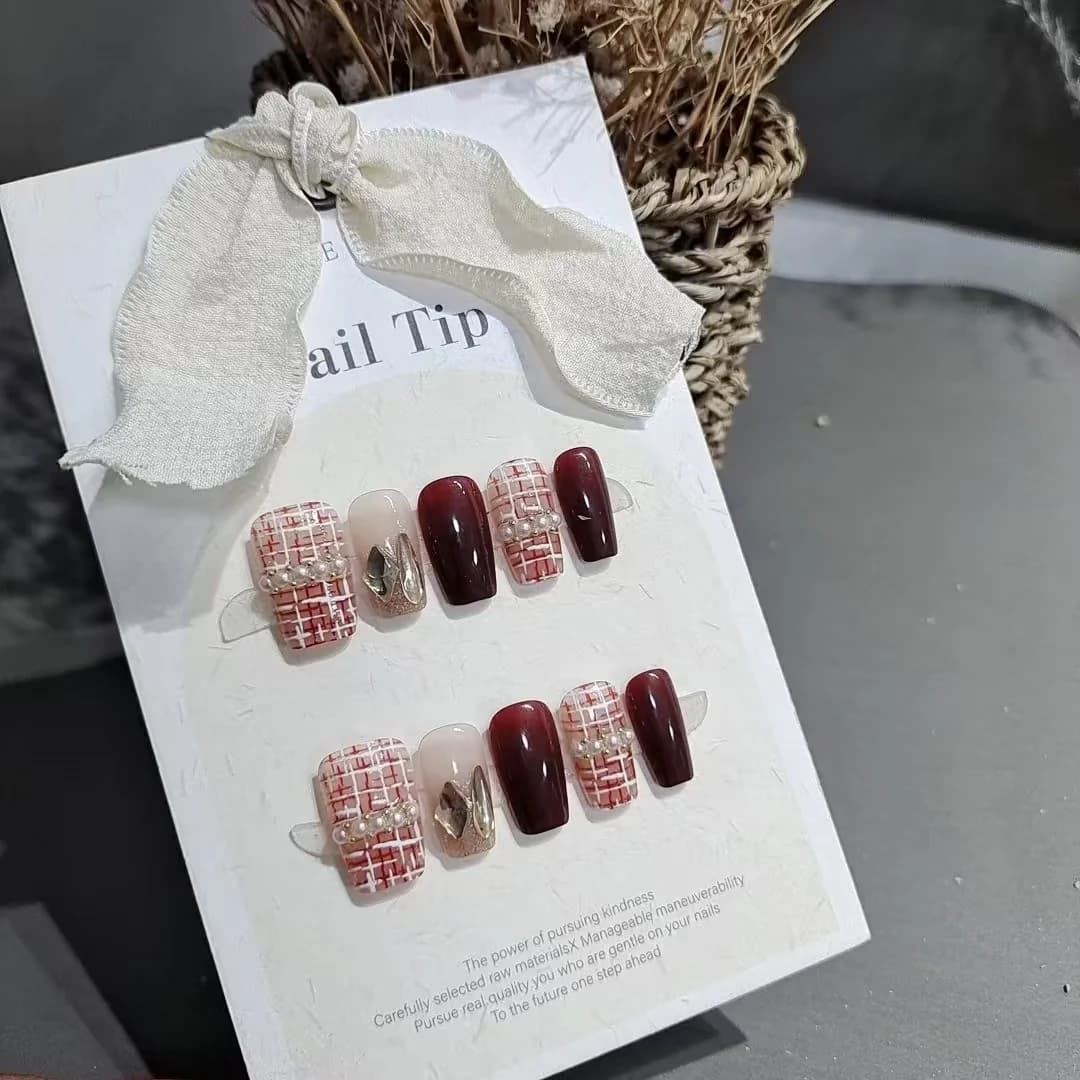 Unhas Postiças Textura Tweed Olho de Gato Glitter Quadrado Curto