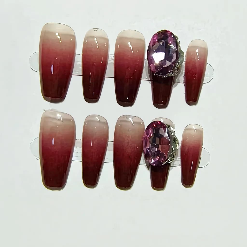 Unhas Postiças Vermelho Cinnabar Degradê Médio Formato Coffin