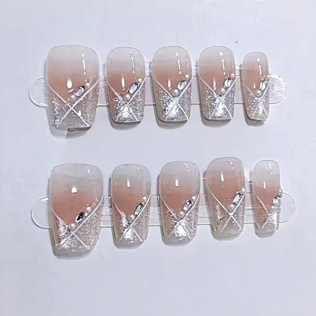 Unhas Postiças Cat Eye Curto Caixão Rosa Blush Estilo Doce 10 Peças