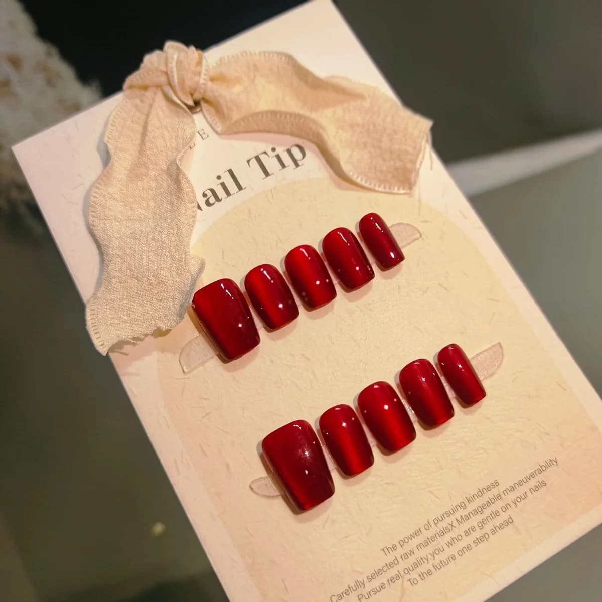 Kit de Manicure Unhas Postiças Cat Eye Vermelhas Quadradas Curtas com Glitter