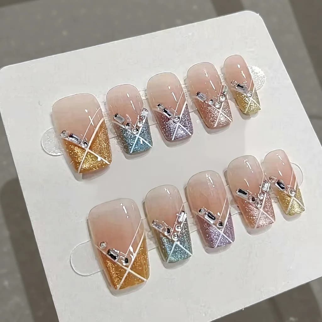 Unhas Postiças Festa Candy Curtas Quadradas Arco-Íris Olho de Gato com Strass