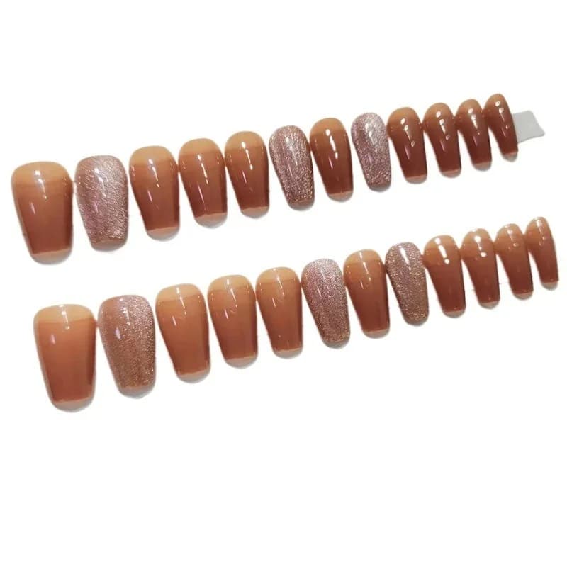 Unhas Postiças Olho de Gato Marrom Formato Coffin Médio Estilo Outono/Inverno