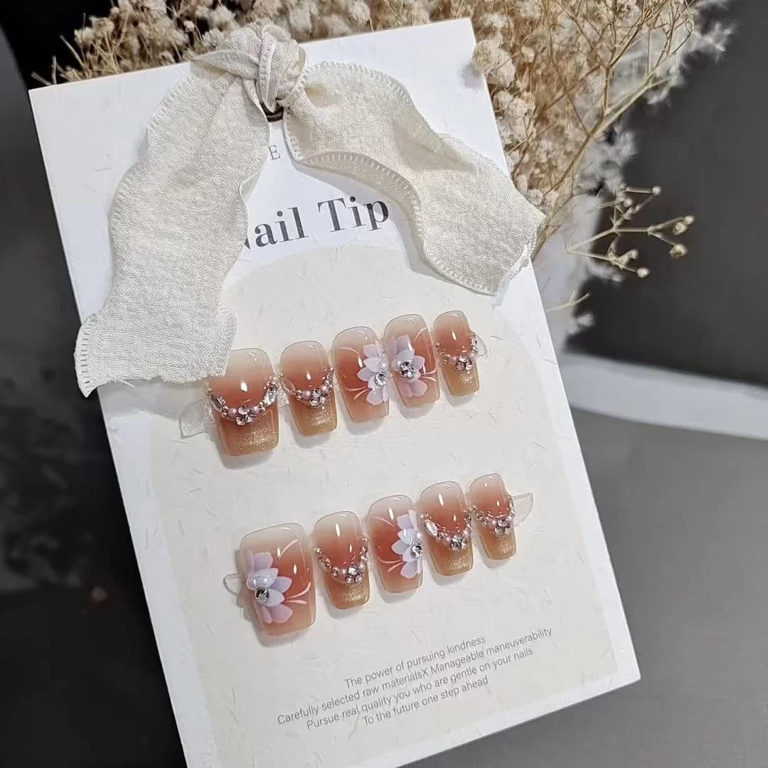 Unhas Postiças Florais Olho de Gato com Design de Estrelas