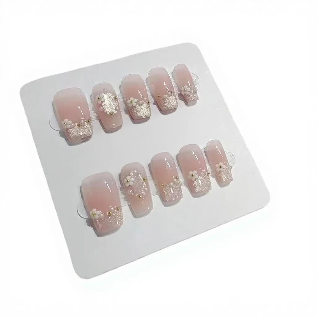 Unhas Postiças Caixão Curto Floral Strass Design 10 Peças