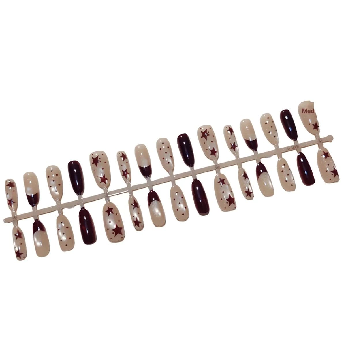 Unhas Postiças Marrons Cat Eye com Estrelas e Poá