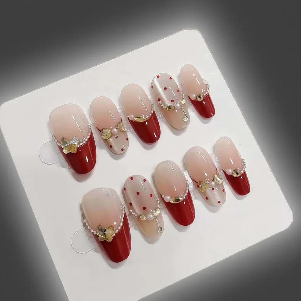 Unhas Postiças Olho de Gato Vermelhas com Strass Oval Médio