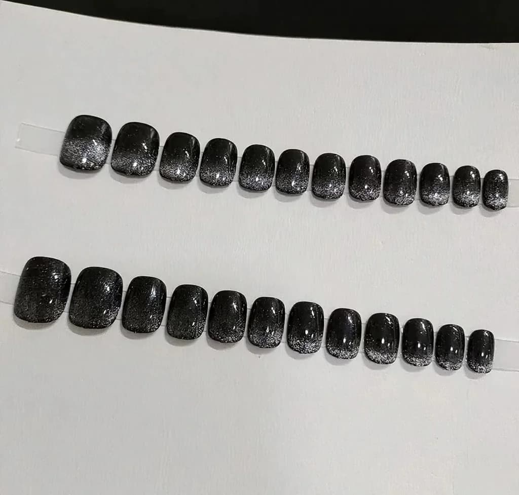 Unhas Postiças Curtas Preto Cristal Olho de Gato com Glitter