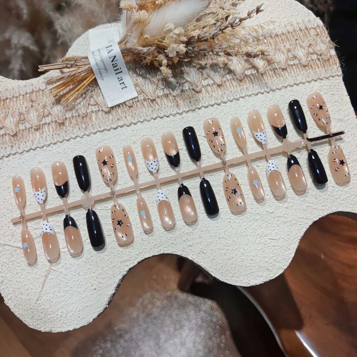 Unhas Postiças Oval Médio Olho de Gato Estrela Prateada 30 Peças