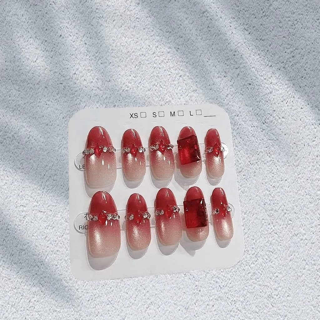 Unhas Postiças Olho de Gato com Strass Vermelho, Oval Médio, 30 Peças
