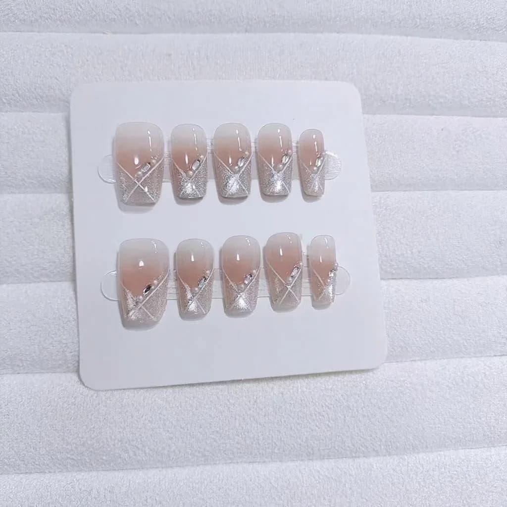 Unhas Postiças Cat Eye Curto Caixão Rosa Blush Estilo Doce 10 Peças