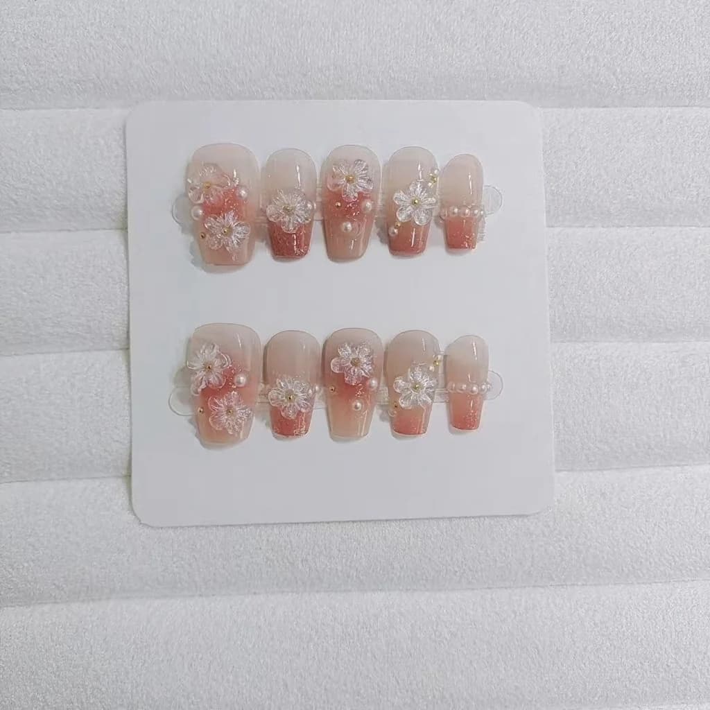 Unhas Postiças Florais Formato Curto Caixão Design Fofo Blush 10 Peças