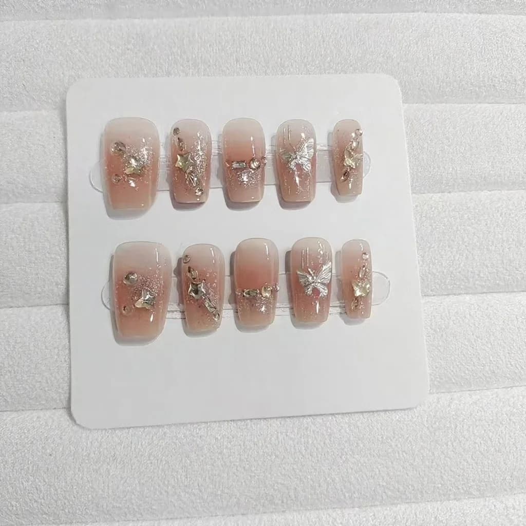 Unhas Postiças com Strass, Borboleta e Estrela, Acabamento Glitter