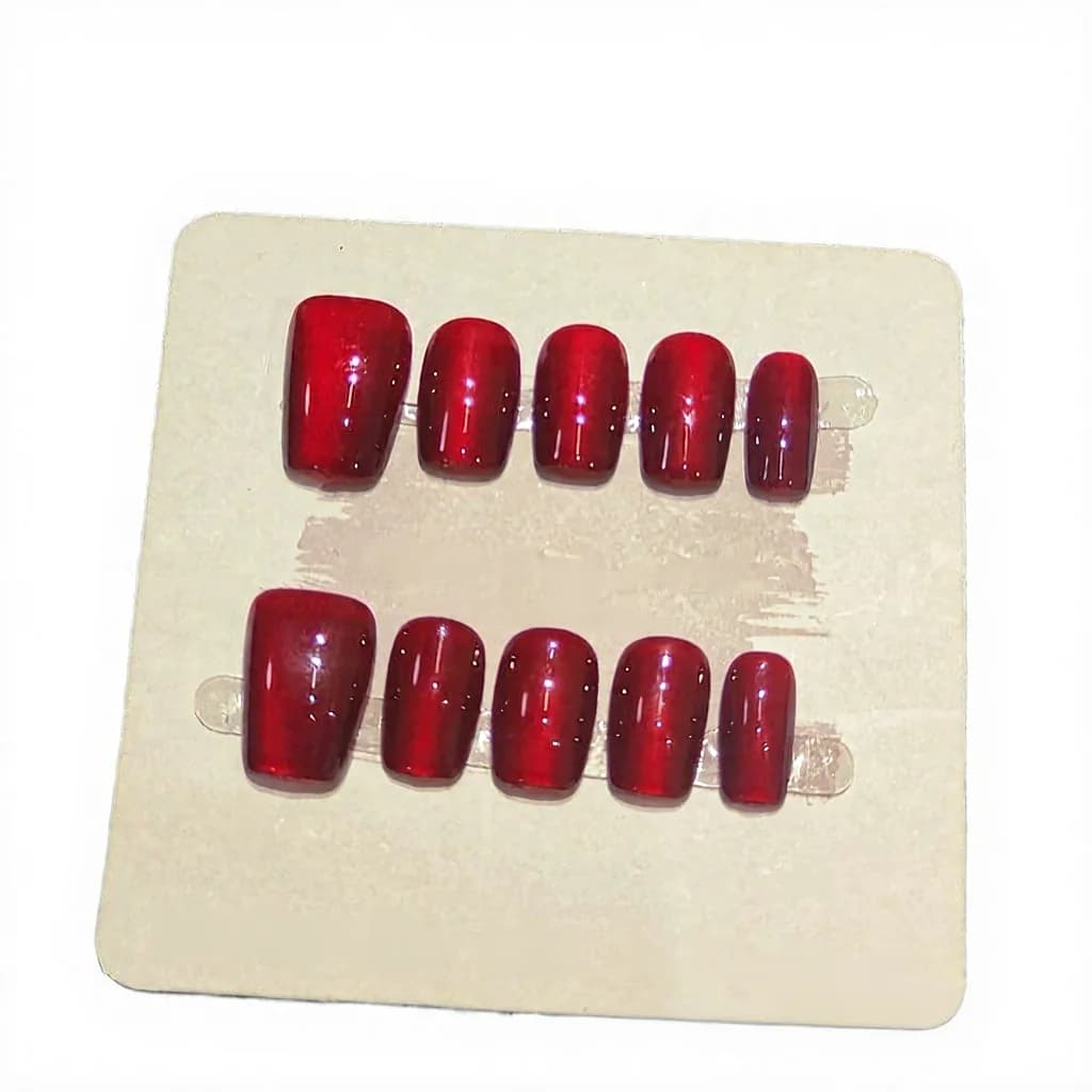 Kit de Manicure Unhas Postiças Cat Eye Vermelhas Quadradas Curtas com Glitter
