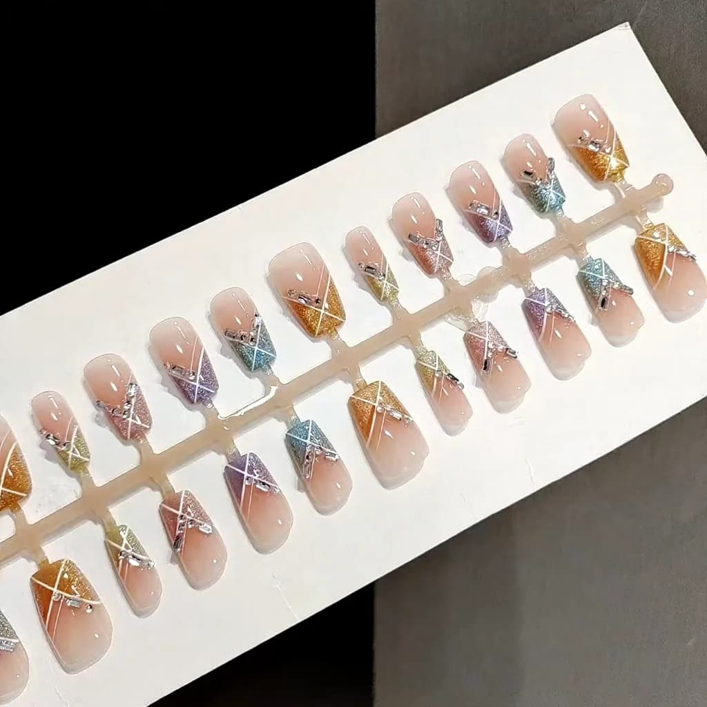Unhas Postiças Festa Candy Curtas Quadradas Arco-Íris Olho de Gato com Strass
