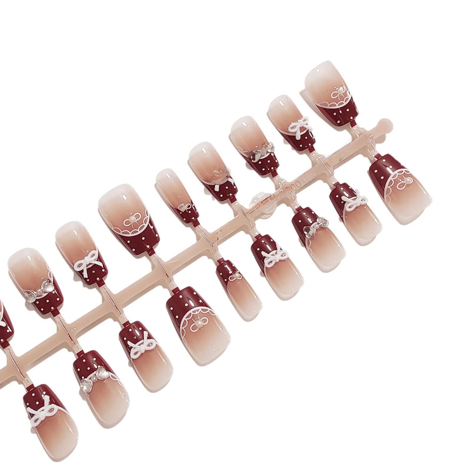 Unhas Postiças Saia de Bailarina com Laço Vermelho, Pontas Curtas com Bolinhas