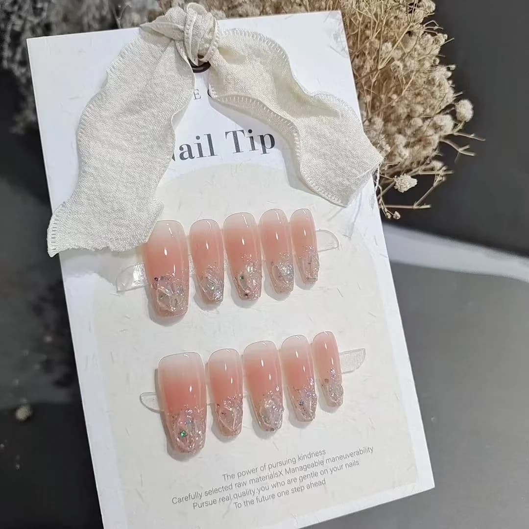Unhas Postiças Coffin Curto/Médio Glitter Strass Rosa Blush