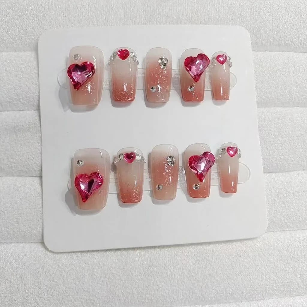 Unhas Postiças Rosa com Strass em Forma de Coração, 30 Peças
