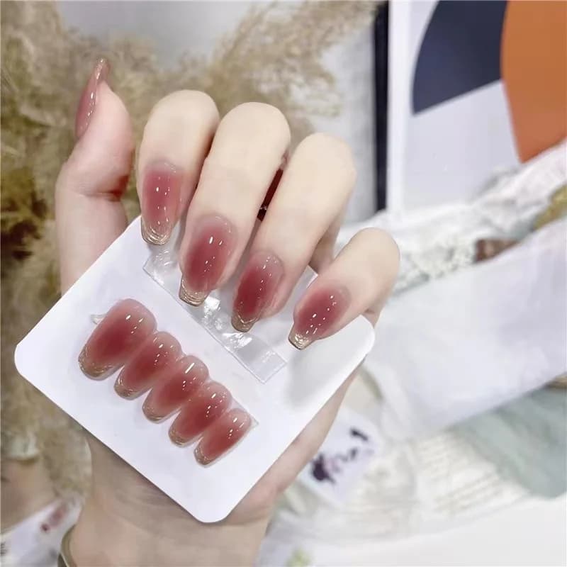 Unhas Postiças Longas Caixão Blush Pôr do Sol com Acabamento Cromado Luz da Lua