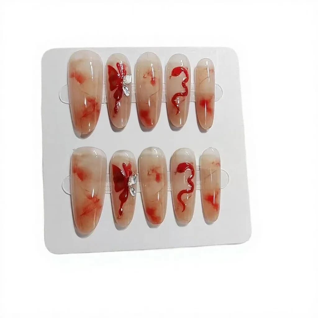 Unhas Postiças Artesanais Design de Borboleta e Cobra Formato Amêndoa Longo