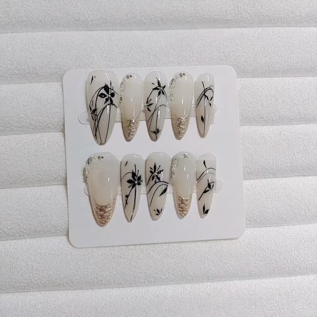 Unhas Postiças Longas Amêndoa Cromo Bambu, 10 Peças