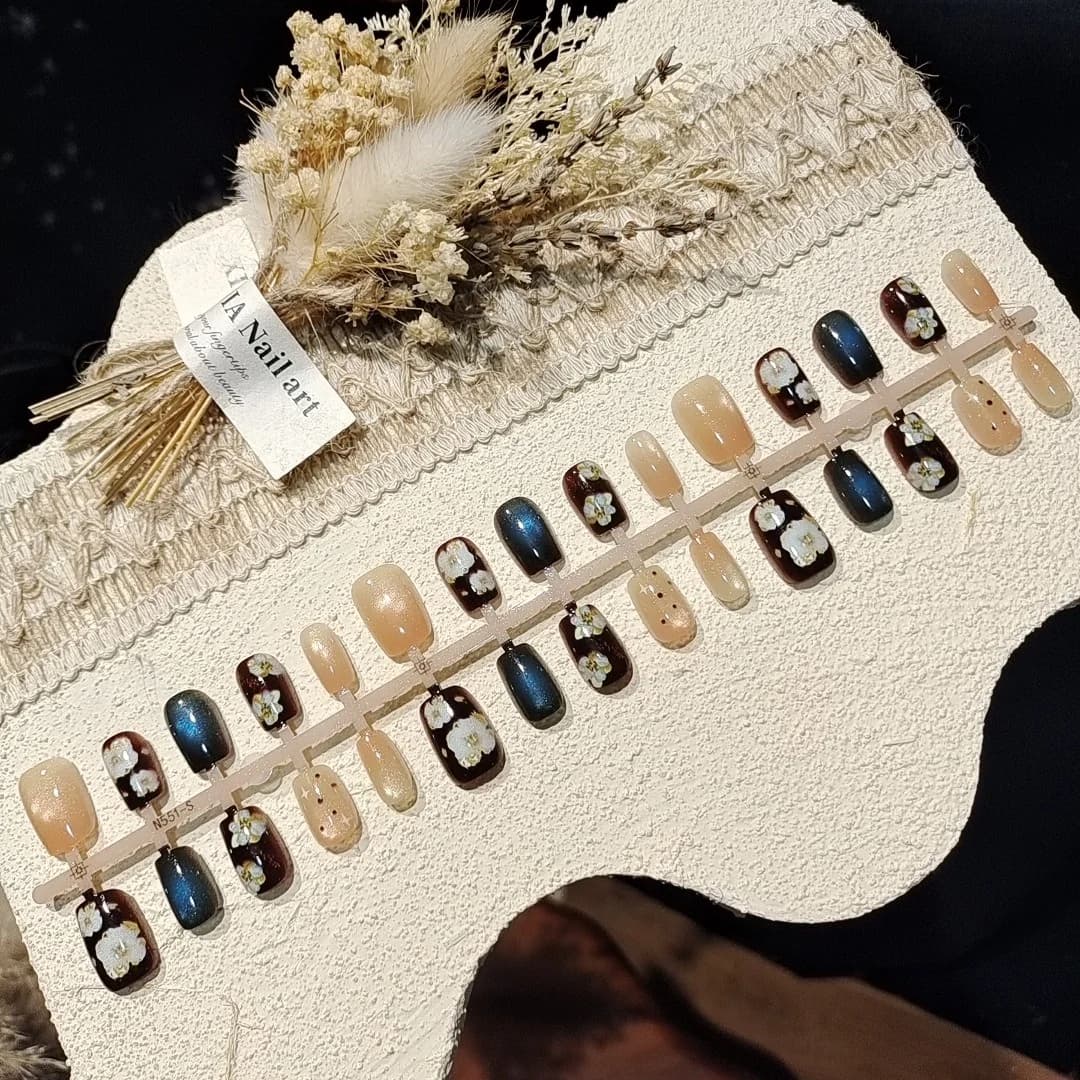 Unhas Postiças Olho de Gato com Contas de Vidro, Estilo Outono