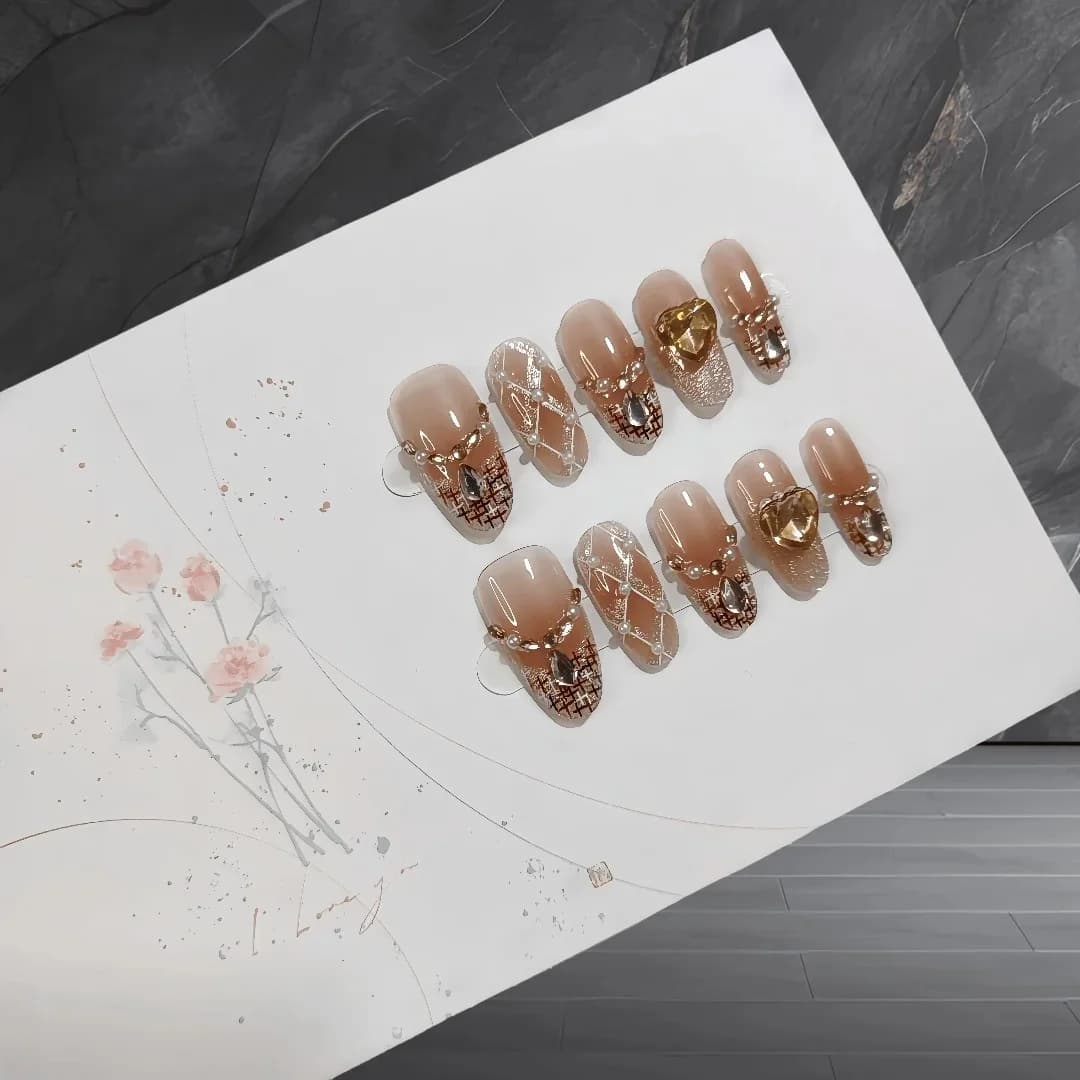 Unhas Postiças Oval Médio Olho de Gato Glitter Pérola 30 Peças