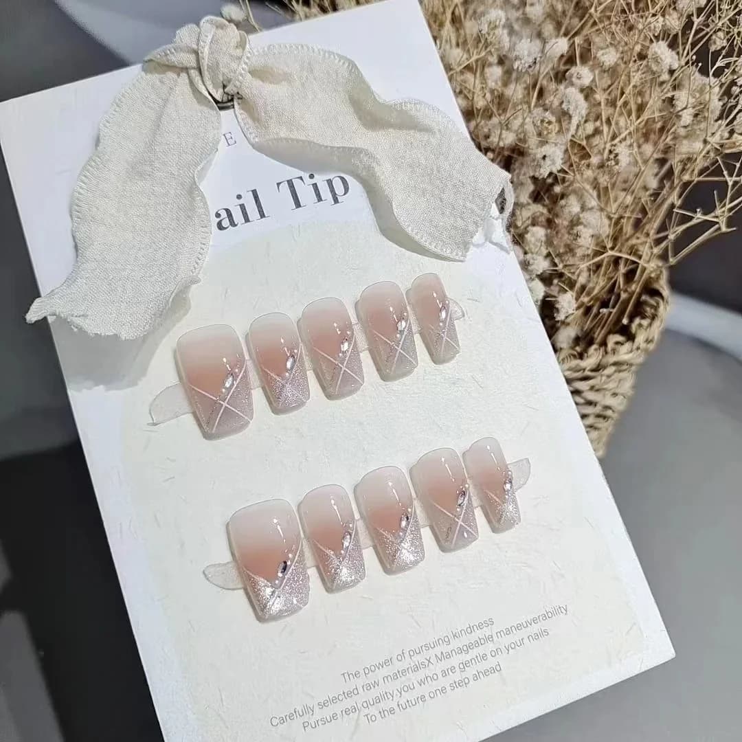 Unhas Postiças Cat Eye Curto Caixão Rosa Blush Estilo Doce 10 Peças