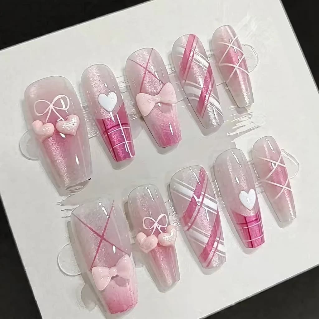 Unhas Postiças Rosa Doce com Laços e Corações, 30 Unidades