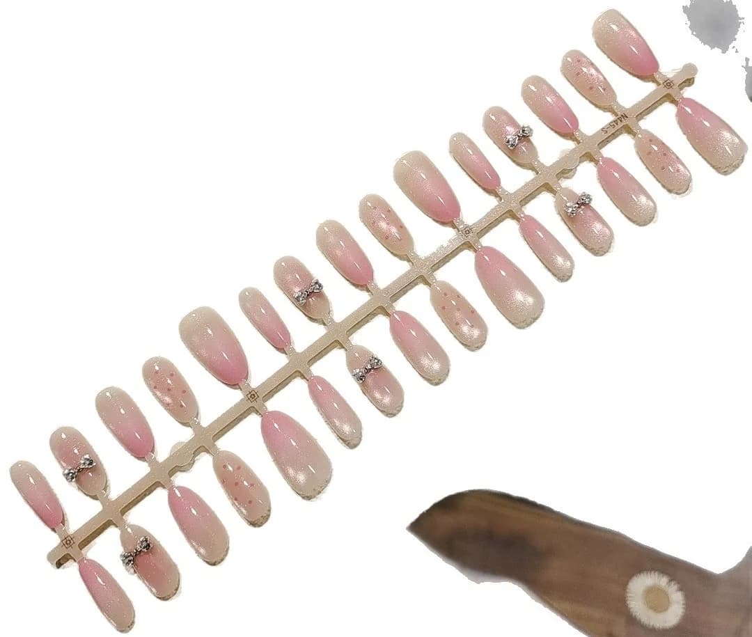 Unhas Postiças Rosa Olho de Gato com Laço e Contas de Vidro