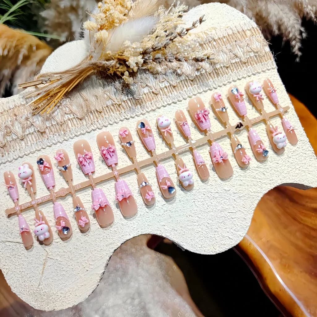 Unhas Postiças Coelhinho Rosa, Conjunto de Manicure Francesa com Desenho Fofo