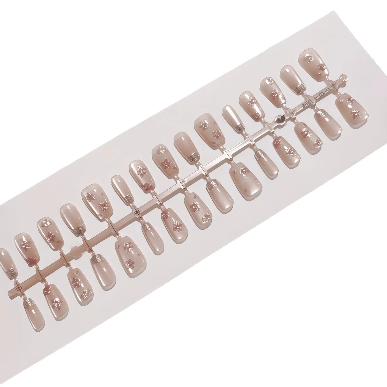 Unhas Postiças Francesas Rosa Floral com Acabamento Cromado Cat Eye
