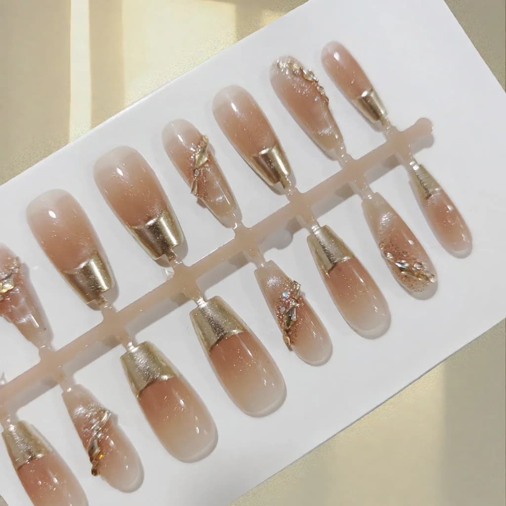 Unhas Postiças Ponta Francesa com Borda Dourada e Glitter, 30 Peças